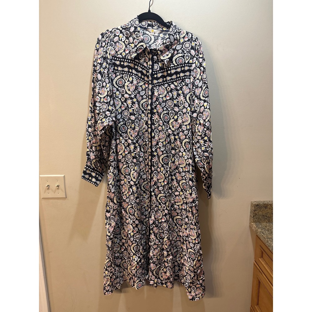 Boden Floral Paisley Midi Shirt Dress Black Long Sleeve Pockets US 14R D0469
